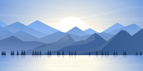 Wall Mural - vector minimalistic landscape. mountains and woods near the water. polygon concept. flat style abstr