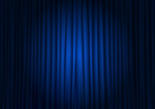 Spotlight On Stage Curtain. Closed Blue Curtain Background. Theatrical Drapes.