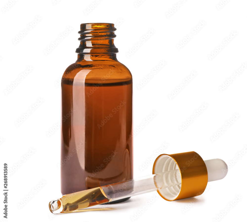Cosmetic bottle and pipette with essential oil on white background - obrazy, fototapety, plakaty 