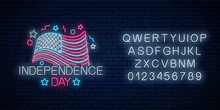 USA Independence Day Glowing Neon Sign With Flowing Usa Flag And Alphabet. National United States Holiday