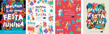 Festa Junina, Vector Illustrations For Poster, Abstract Banner, Background Or Card For The Brazilian Holiday, Festival, Party And Event, Drawings Of Dancing Cheerful People, Musicians And Shops