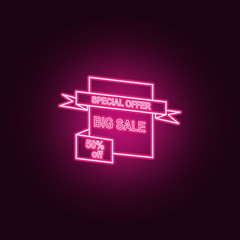Poster - label sale of 50 discount on a ribbon neon icon. Elements of Sale set. Simple icon for websites, web design, mobile app, info graphics