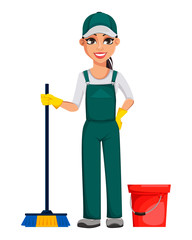 Poster - Cleaning service concept. Cheerful cartoon character