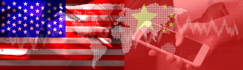 US and China as two opposing economic dispute over import and exports or economic World trade war