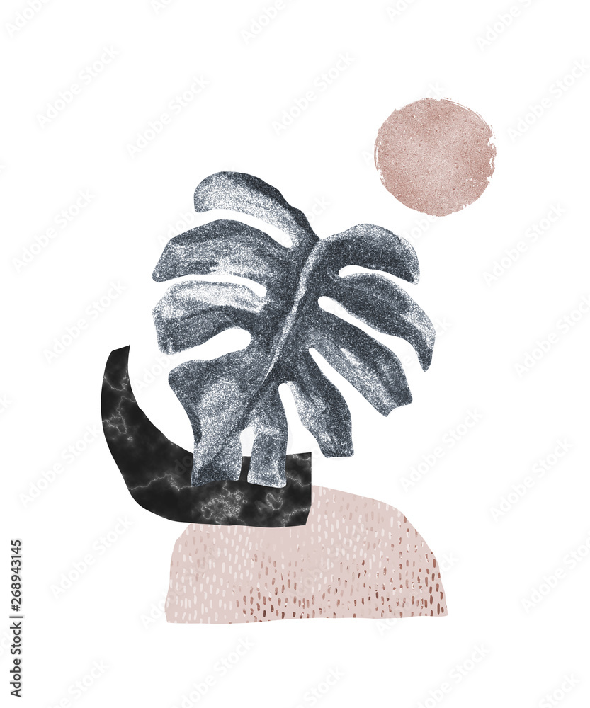Abstract poster design: minimal shapes, glossy tropical monstera leaf. - obrazy, fototapety, plakaty 