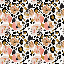 Abstract Floral Seamless Pattern: Flowers With Zebra Stripes, Leopard Skin Print