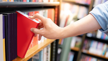 Wall Mural - Bestseller publishing concept. Male hand choosing and picking red book from wooden bookshelf in bookstore. Education research in university public library.