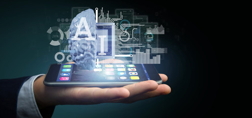 Poster - business man holding artificial intelligence icon with half brain and half circuit 3d rendering