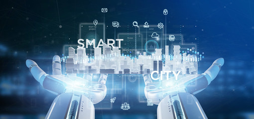 Poster - Cyborg hand holding Smart city user interface with icon, stats and data 3d rendering