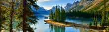 Panorama View Beautiful Spirit Island In Maligne Lake, Jasper National Park, Alberta, Canada