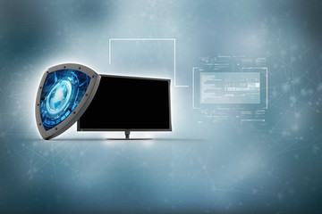 Poster - laptop with shield. Isolated 3d rendering image
