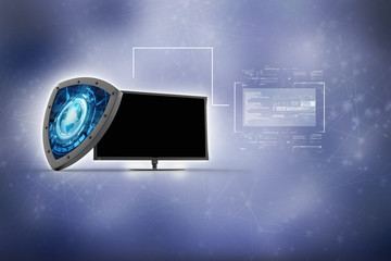 Poster - laptop with shield. Isolated 3d rendering image