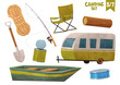 Rope boat shovel house on wheels fishing rod log canned food camping set