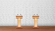 Interior Of Conference Room For Debates Vector. Equipment For Debates Wooden Podium Stages With Microphones For Speech Isolated On White Brick Wall Background. Realistic 3d Illustration