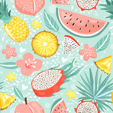 Seamless Pattern With Pineapple, Dragon Fruit, Watermelon, Peach, Flowers, Leaves And Heart. Summer Vibes. Vector Texture For Textile, Postcard, Wrapping Paper, Packaging Etc. Vector Illustration.