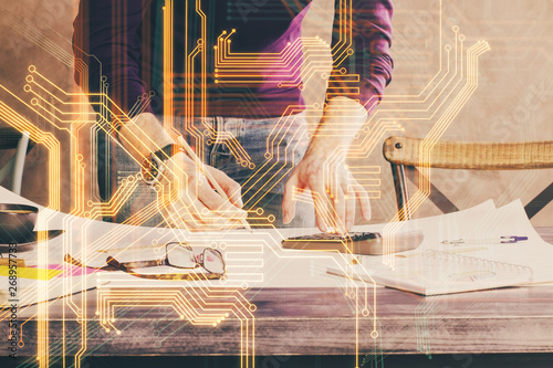 Close up of human hands and abstract innovative technologies for industries Tablou Canvas