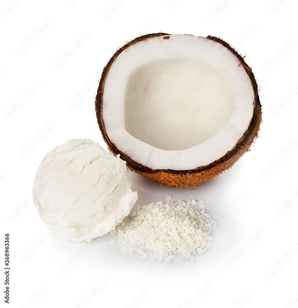 Tasty coconut ice cream on white background