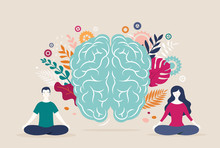 Young Woman And Man Sit With Crossed Legs And Meditate With Brain Icon On The Background. Vector Illustration
