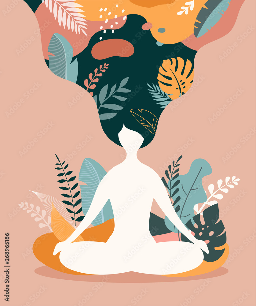 Mindfulness, meditation and yoga background in pastel vintage colors - women sitting with crossed legs and meditating. - obrazy, fototapety, plakaty 