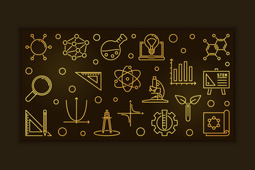 Poster - STEM vector concept golden outline horizontal banner or illustration on dark background