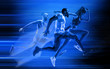 © master1305 - Young african-american and caucasian men and woman running isolated on blue studio background. Silhouette of jogging athletes with shadows in neon light. Movement or motion. Creative collage.