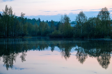 Canvas Print - Landscape with the image of village on lake Seliger in Russia