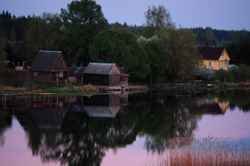 Poster - Landscape with the image of village on lake Seliger in Russia