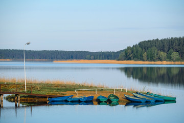 Poster - Landscape with the image of pier on lake Seliger in Svetlitsa village, Russia