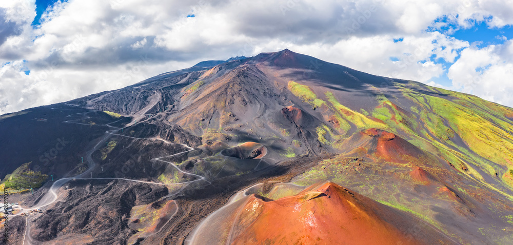 Panoramic wide view of the active volcano Etna, extinct craters on the slope, traces of volcanic activity. - obrazy, fototapety, plakaty 