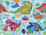 Fototapeta Dinusie - Cute seamless pattern with mom and baby dinosaurs and tropical plants. Vector illustration