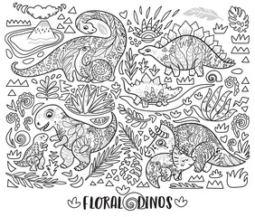 Wall Mural - Line print with mom and baby dinosaurs and tropical plants. Vector illustration