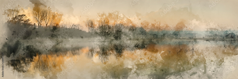 Watercolour painting of Panorama landscape of lake in mist with sun glow at sunrise - obrazy, fototapety, plakaty 