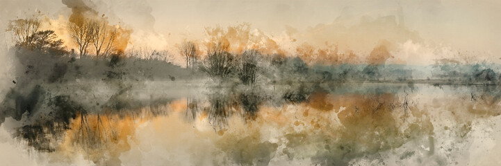 Wall Mural - watercolour painting of panorama landscape of lake in mist with sun glow at sunrise