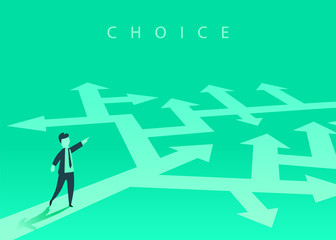 The concept of choosing the way of business and a businessman showing the direction. Problem solving, way to success.