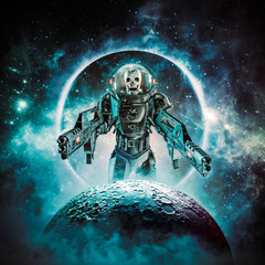 Wall Mural - berserker skeleton military astronaut / 3d illustration of science fiction scene showing evil skull 