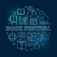 Wall Mural - Book Festival concept blue round linear vector illustration on dark background