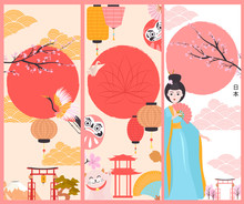 Set Of Japan Posters With Geisha And Traditional Famous Elements And Symbols. Japan Wording Translation: "Japan". Editable Vector Illustration