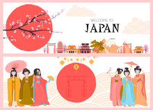 Set Of Japan Posters With Geisha And Traditional Famous Elements And Symbols. Editable Vector Illustration