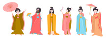 Collection Of Japanese Characters Design Geisha. Asian Culture. Editable Vector Illustration