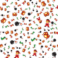 Poster - Pixel art 8bit vector, seamless pattern on white background, bomb and explosion of weaponry, retro style of character fighting against dragon flat style