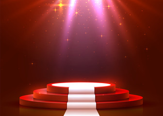 Abstract round podium with white carpet illuminated with spotlight. Award ceremony concept. Stage backdrop.