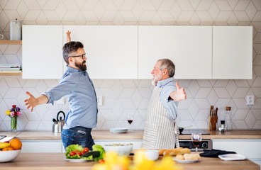 Adult hipster son and senior father indoors in kitchen at home, having fun.