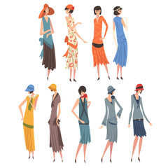 Poster - Elegant Woman in Retro Dresses Set, Beautiful Girls of 1920s, Art Deco Style Vector Illustration