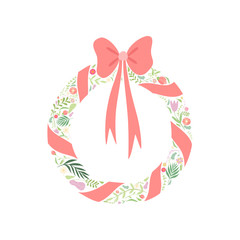 Poster - Elegant Floral Wreath with Red Ribbon Vector Illustration