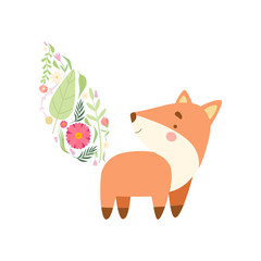 Sticker - Cute Fox with Tail Made of Floral Seamless Pattern, Lovely Animal Cartoon Character Vector Illustration