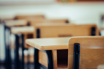 Wall Mural - back to school concept. school empty classroom, lecture room with desks and chairs iron wood for stu