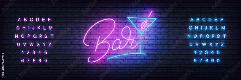 Bar neon template. Glowing lettering Bar and cocktail glass. - obrazy, fototapety, plakaty 