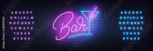 Fotomural Bar neon template. Glowing lettering Bar and cocktail glass.