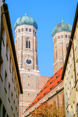 The tourist attraction of Munich. The two dome towers of the famous Frauenkirche