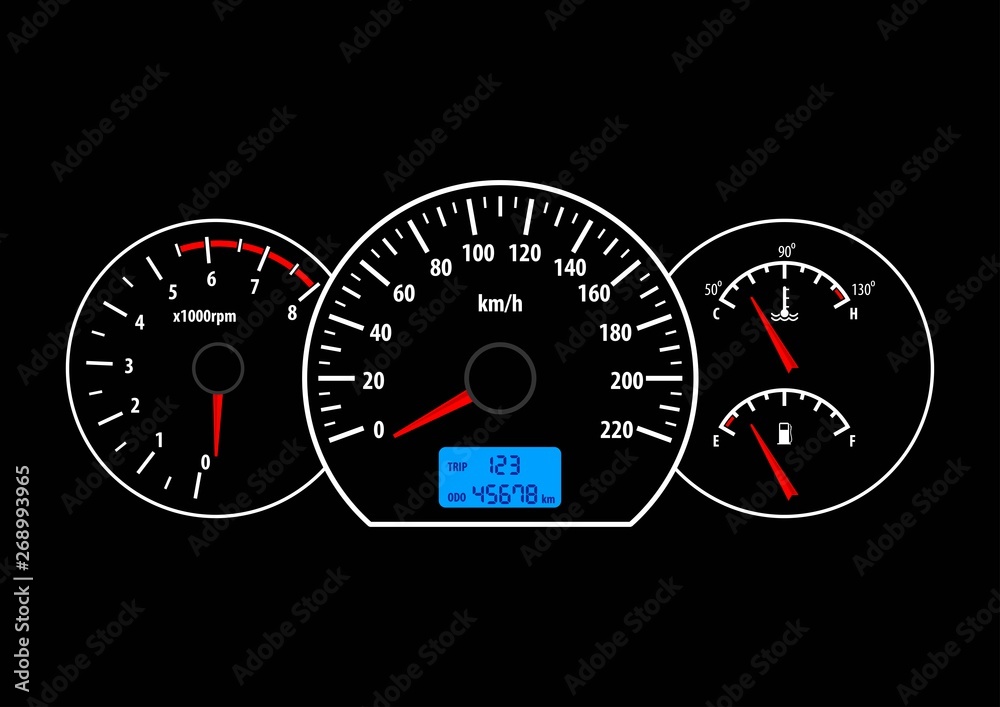 Car dashboard with speedometer, tachometer, fuel and temperature gauge ...